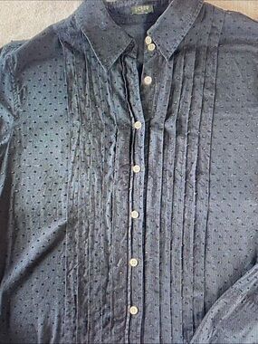 J. Crew Navy Pintuck Dot Blouse with Pearl Buttons